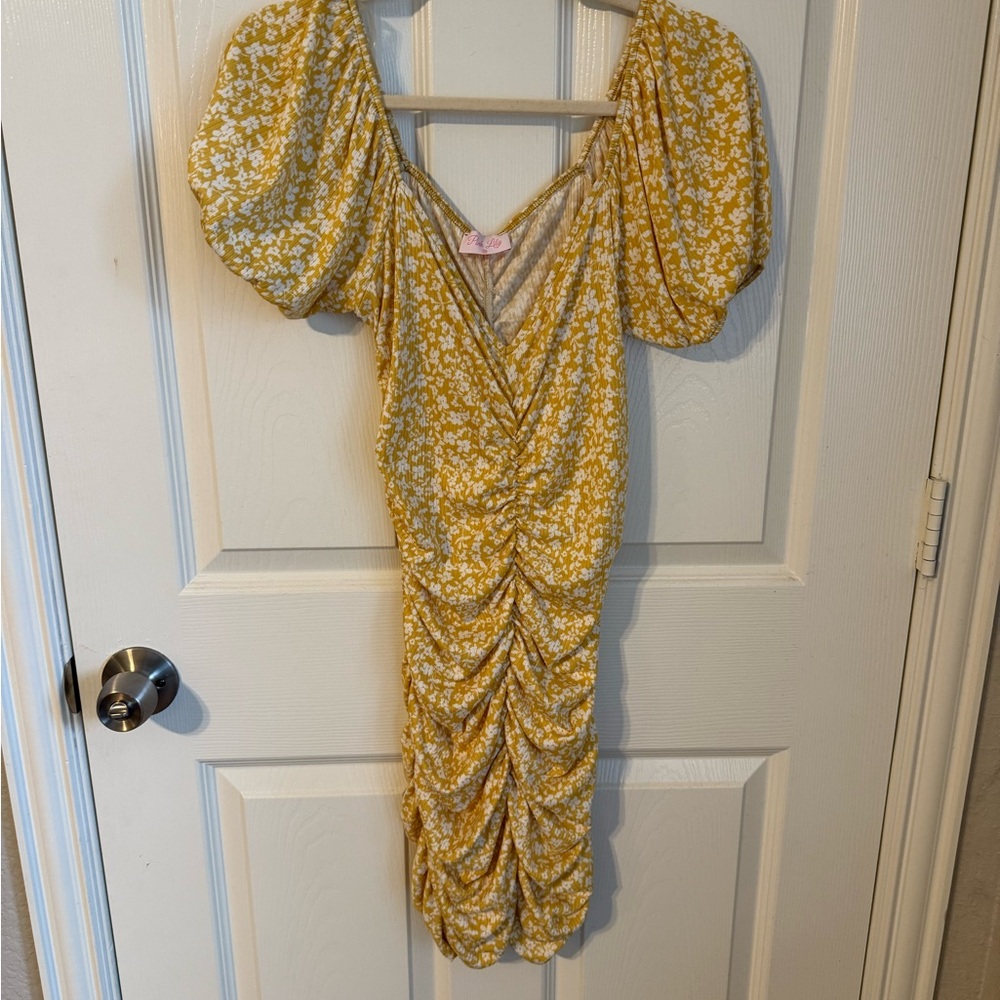 Pink Lily Yellow Floral Ruched Mini Dress